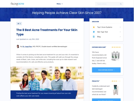 Screenshot of a quality blog in the skin care niche